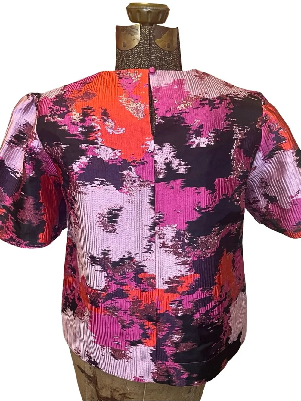 Tuckernuck Pomander Place Lyla Jacquard Puff Sleeve Blouse Pink Red Lurex S